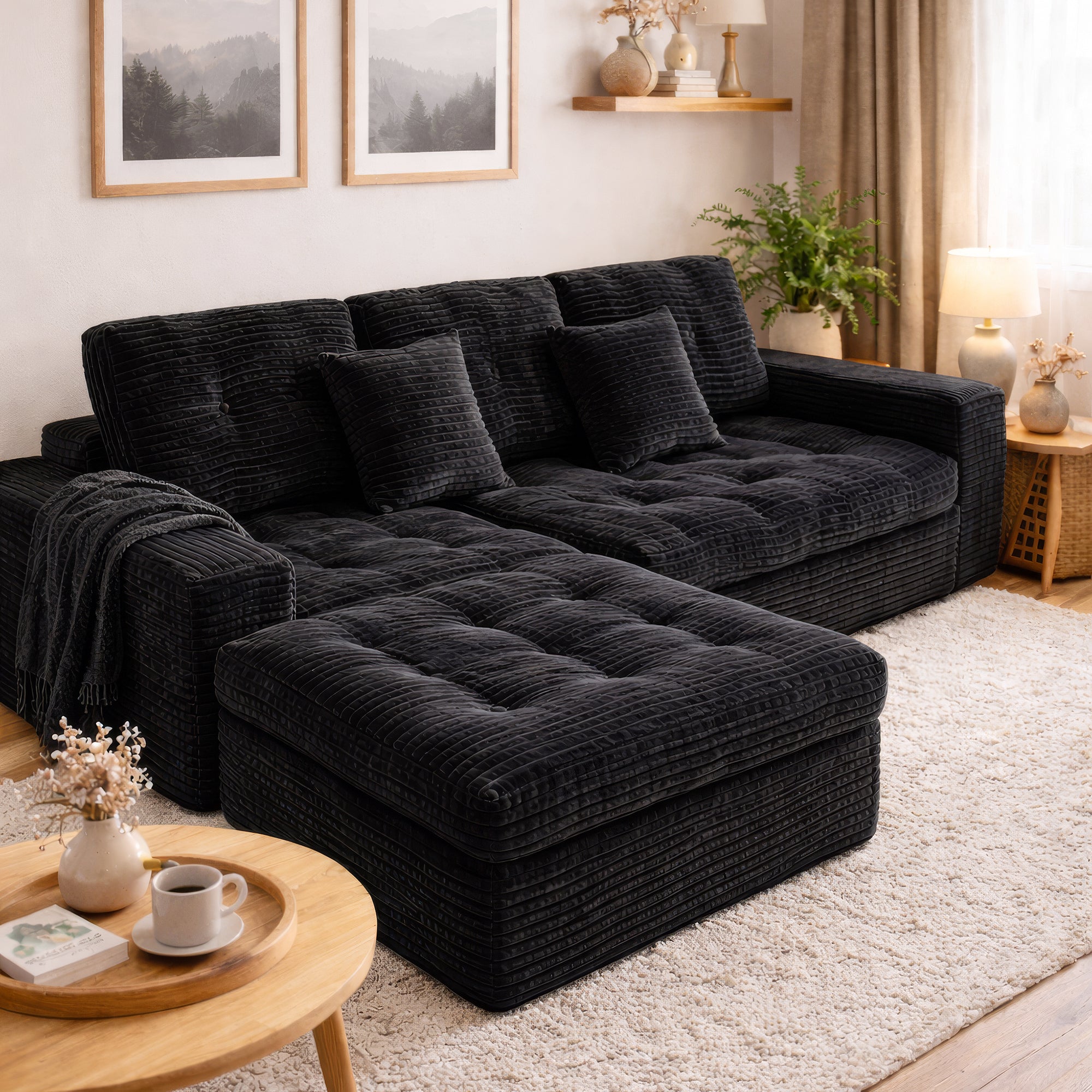 Modular Cloud Sofa Set, 105" DIY Sectional with Ottoman, Pure Foam, Faux Rabbit Fur Velvet, Comfortable Living Room Couch Black - W5502S00012