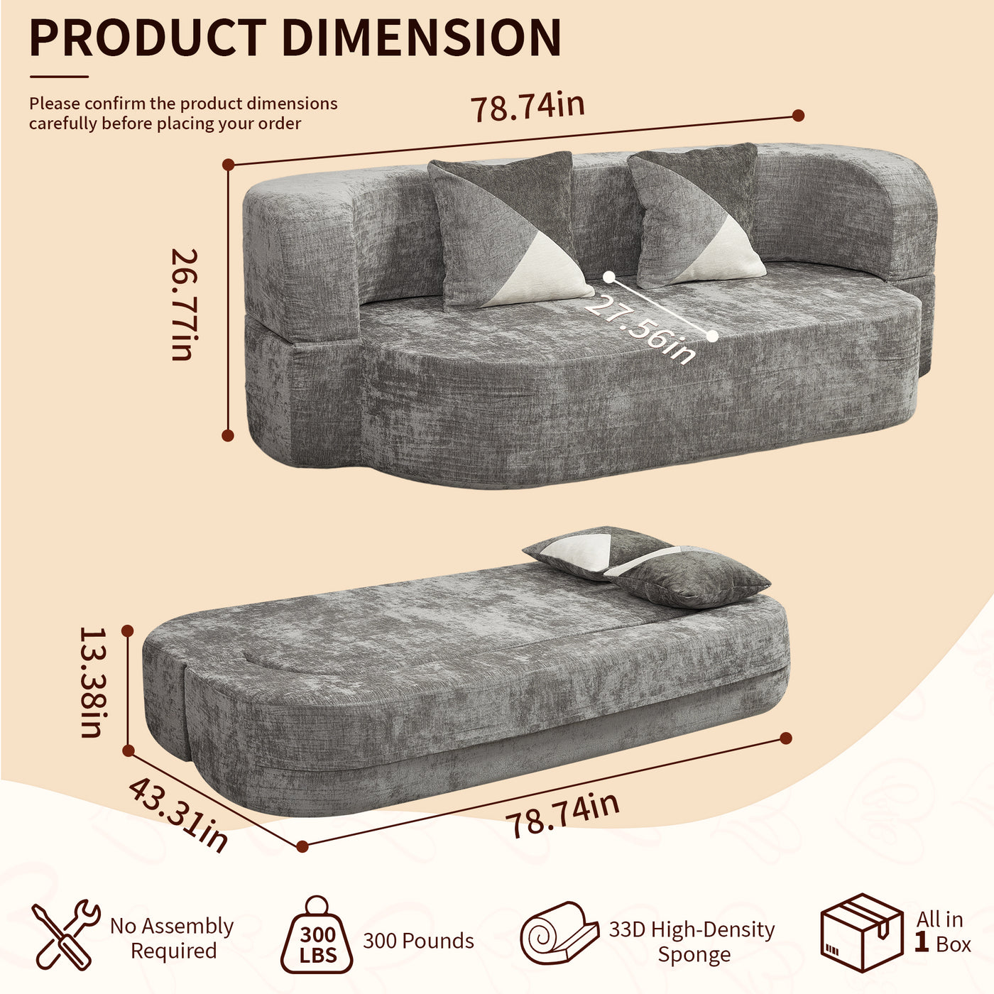 Compressed Eggshell Sofa Bed 78.7" - Chenille - W5502P516749