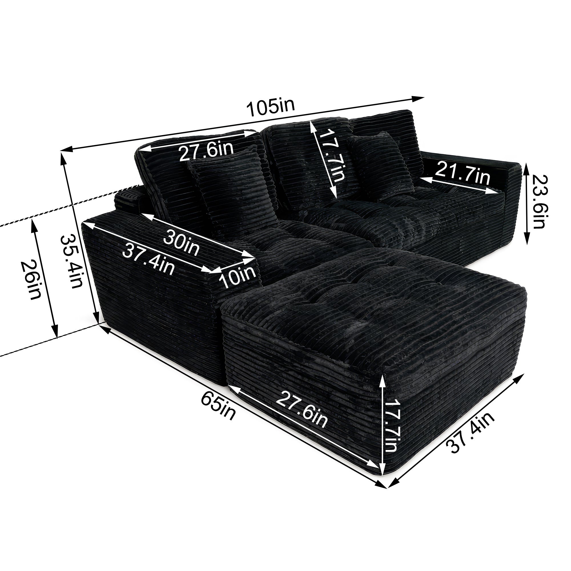 Modular Cloud Sofa Set, 105" DIY Sectional with Ottoman, Pure Foam, Faux Rabbit Fur Velvet, Comfortable Living Room Couch Black - W5502S00012
