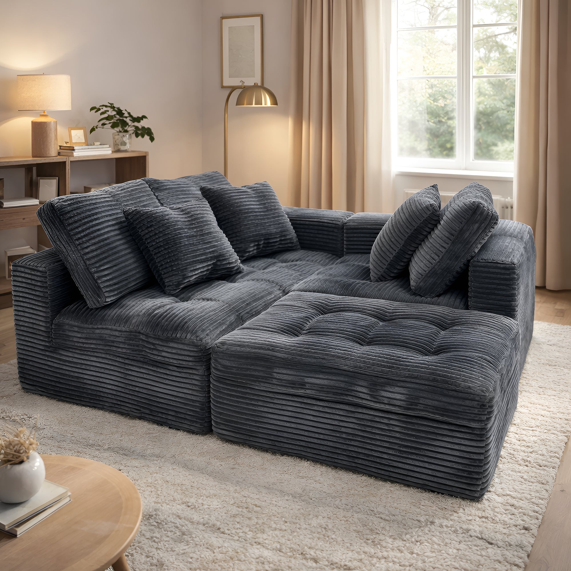 Modular Cloud Sofa Set, 105" DIY Sectional with Ottoman, Pure Foam, Faux Rabbit Fur Velvet, Comfortable Living Room Couch Blue Gray - W5502S00011