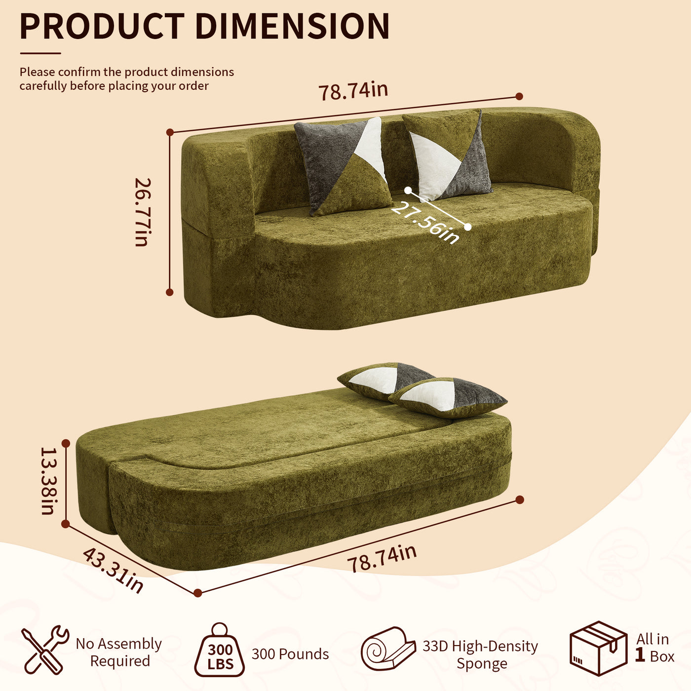 Compressed Eggshell Sofa Bed 78.7" - Soft Velvet - W5502P516744