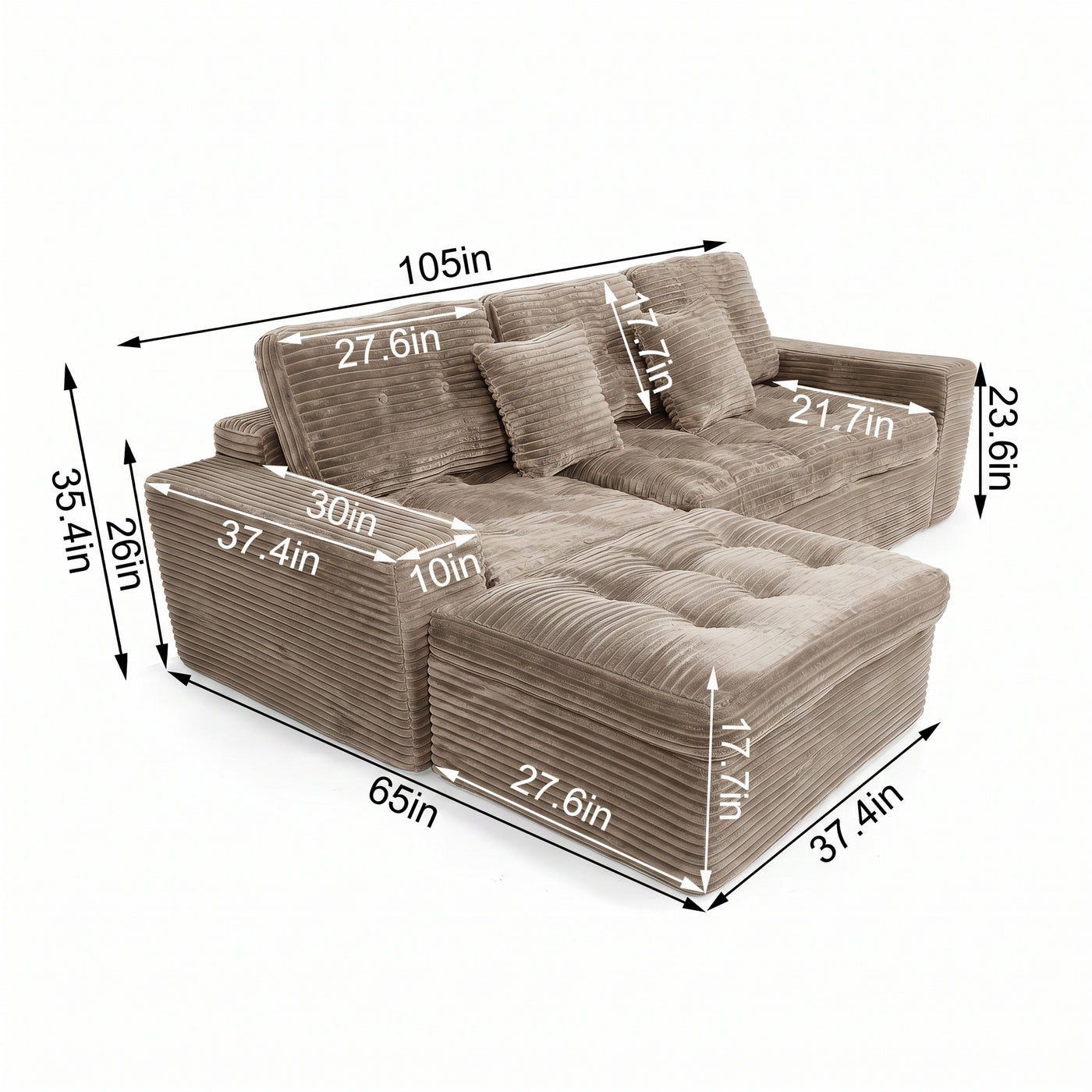 Modular Cloud Sofa Bed 105" DIY Sectional with Ottoman - Khaki