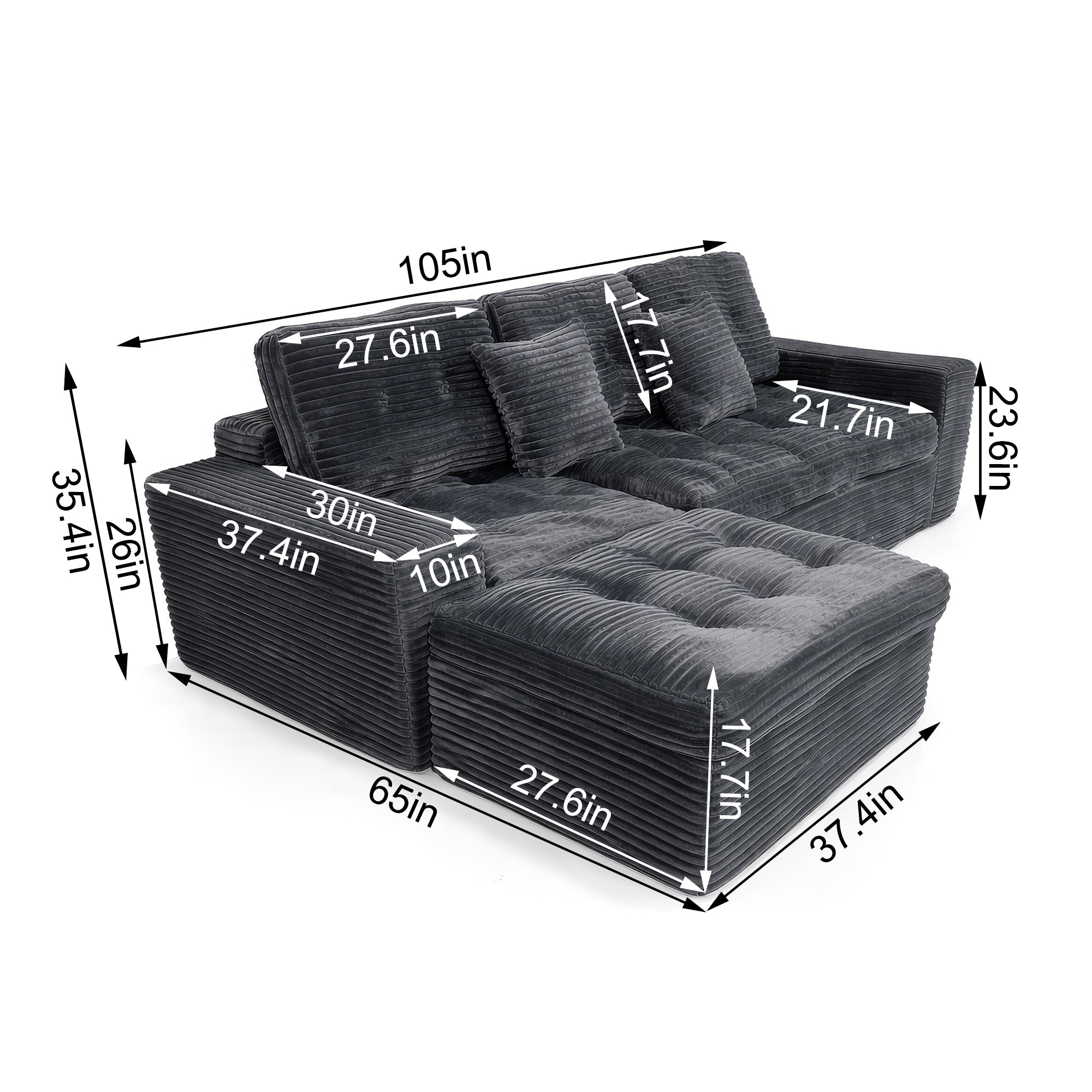 Modular Cloud Sofa Set, 105" DIY Sectional with Ottoman, Pure Foam, Faux Rabbit Fur Velvet, Comfortable Living Room Couch Blue Gray - W5502S00011