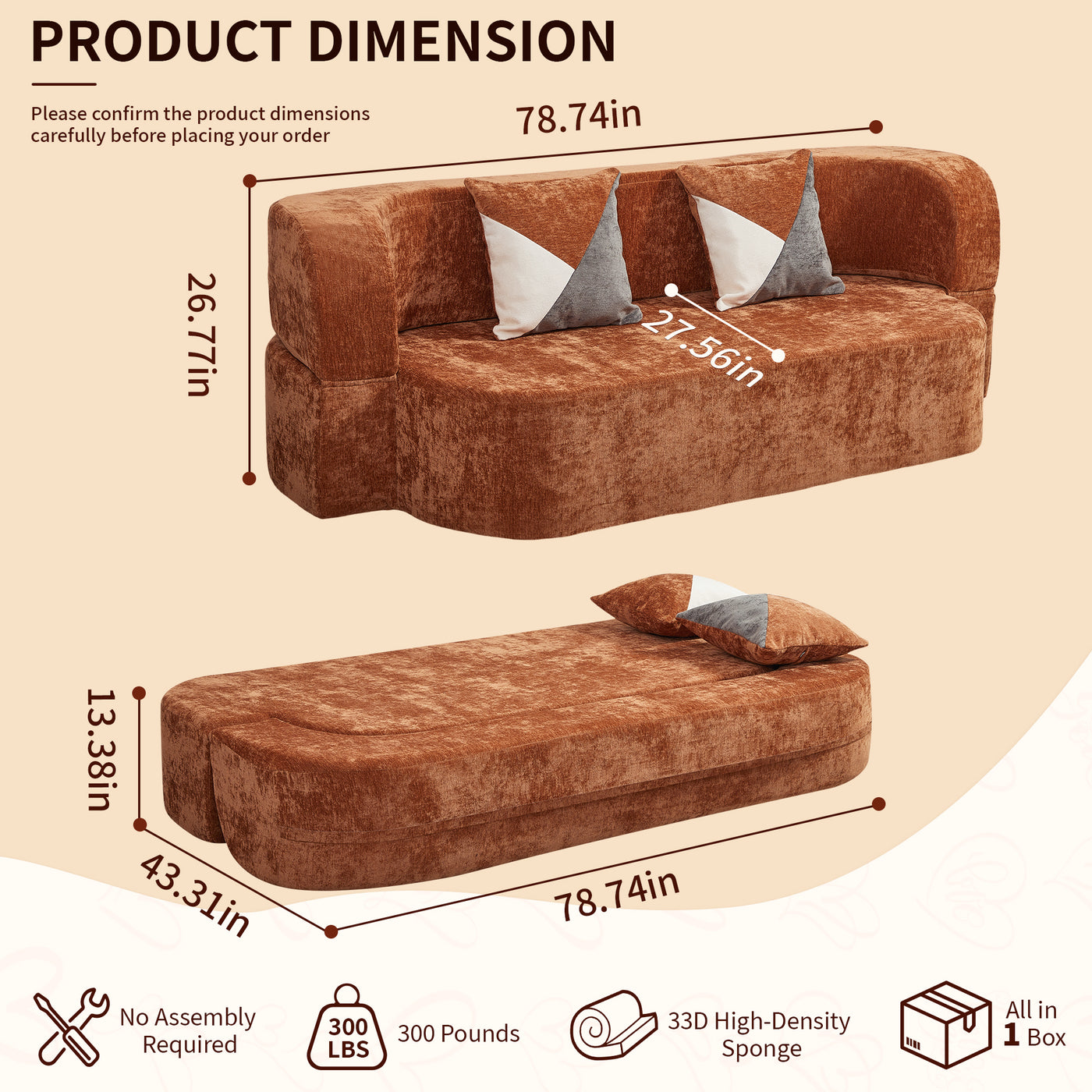 Compressed Eggshell Sofa Bed 78.7" - Chenille - W5502P516747