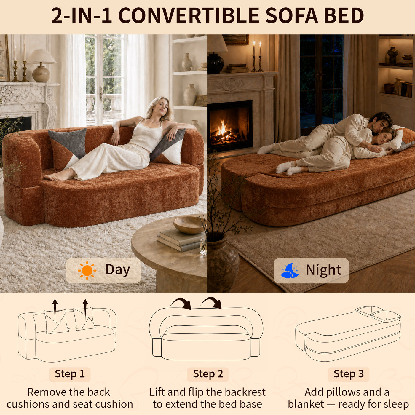 Compressed Eggshell Sofa Bed 78.7" - Chenille - W5502P516747