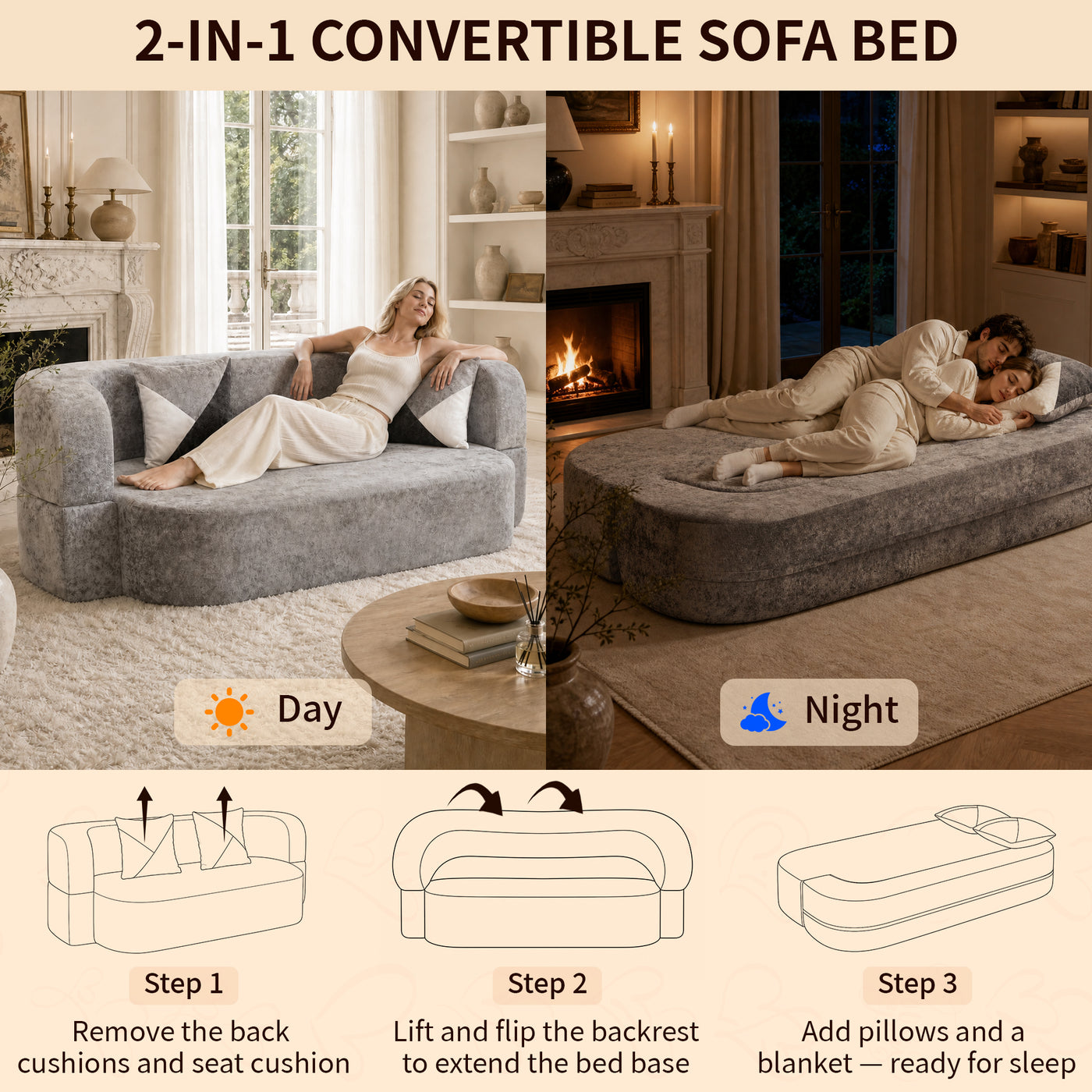 78.7" Eggshell Convertible Sofa Bed - Soft Velvet