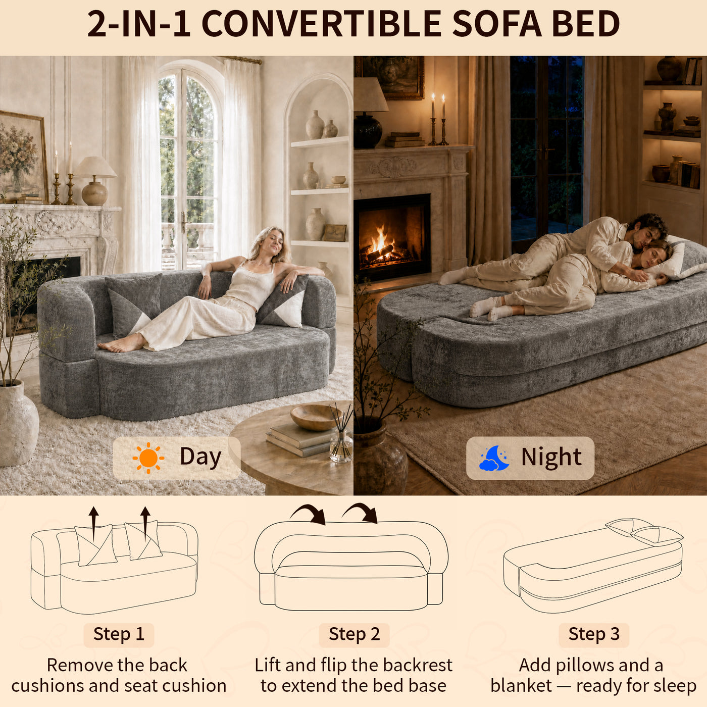 Compressed Eggshell Sofa Bed 78.7" - Chenille - W5502P516749